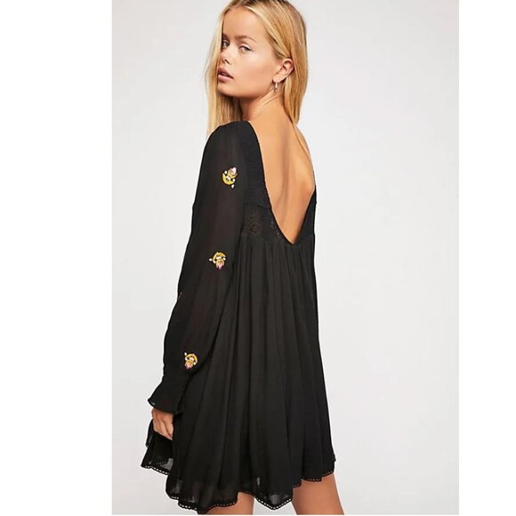 Free People | Mohave Floral Black Embroidered Boho Swing Dress Sz. M - Picture 10 of 10